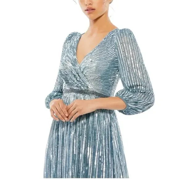 Mac Duggal 5509 Slate Blue Sequins 3/4 Sleeve Gown Size 10 $598 - Picture 2 of 8